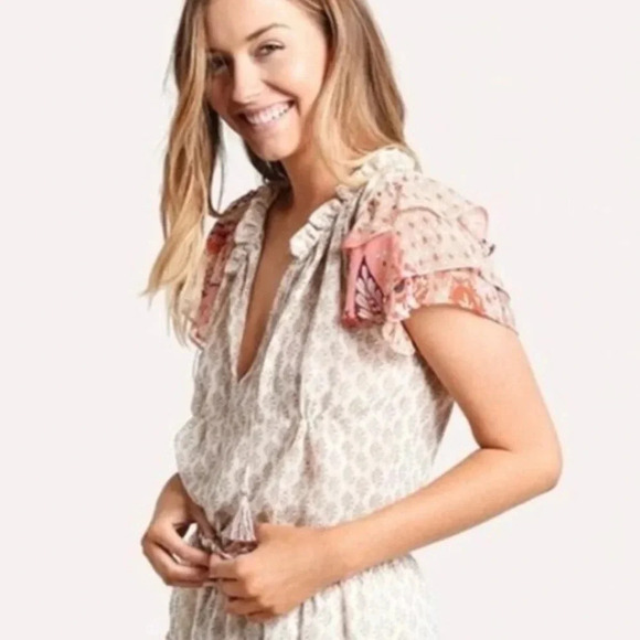 Misa Olga Ruffle Sleeve Mixed Print Boho Blouse Top Blue Size M - Picture 4 of 12